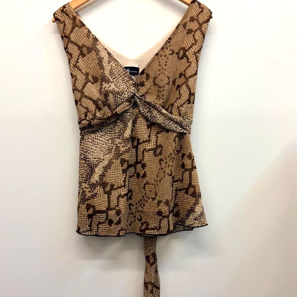 Brown and beige snake print Y2K V neck sleeveless top with back tie detail.